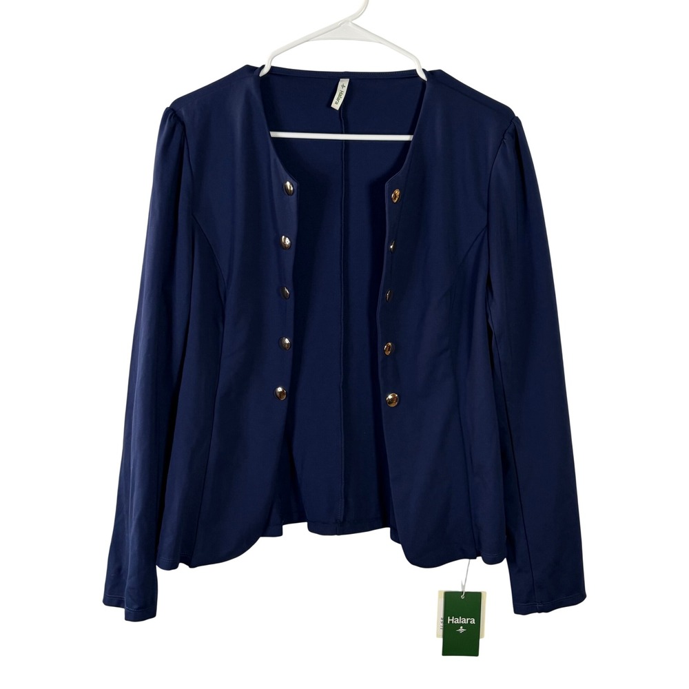 Halara Women's Navy Blue Jacket Gold Button Long Sleeve Stretch Size L NWT